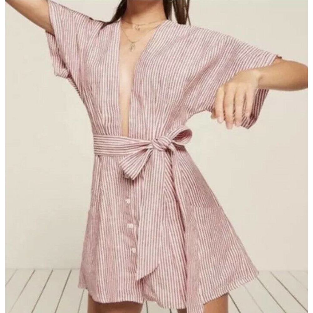 Reformation Linen Cecilia Kimono Style Dress Sz 2 Red White Striped